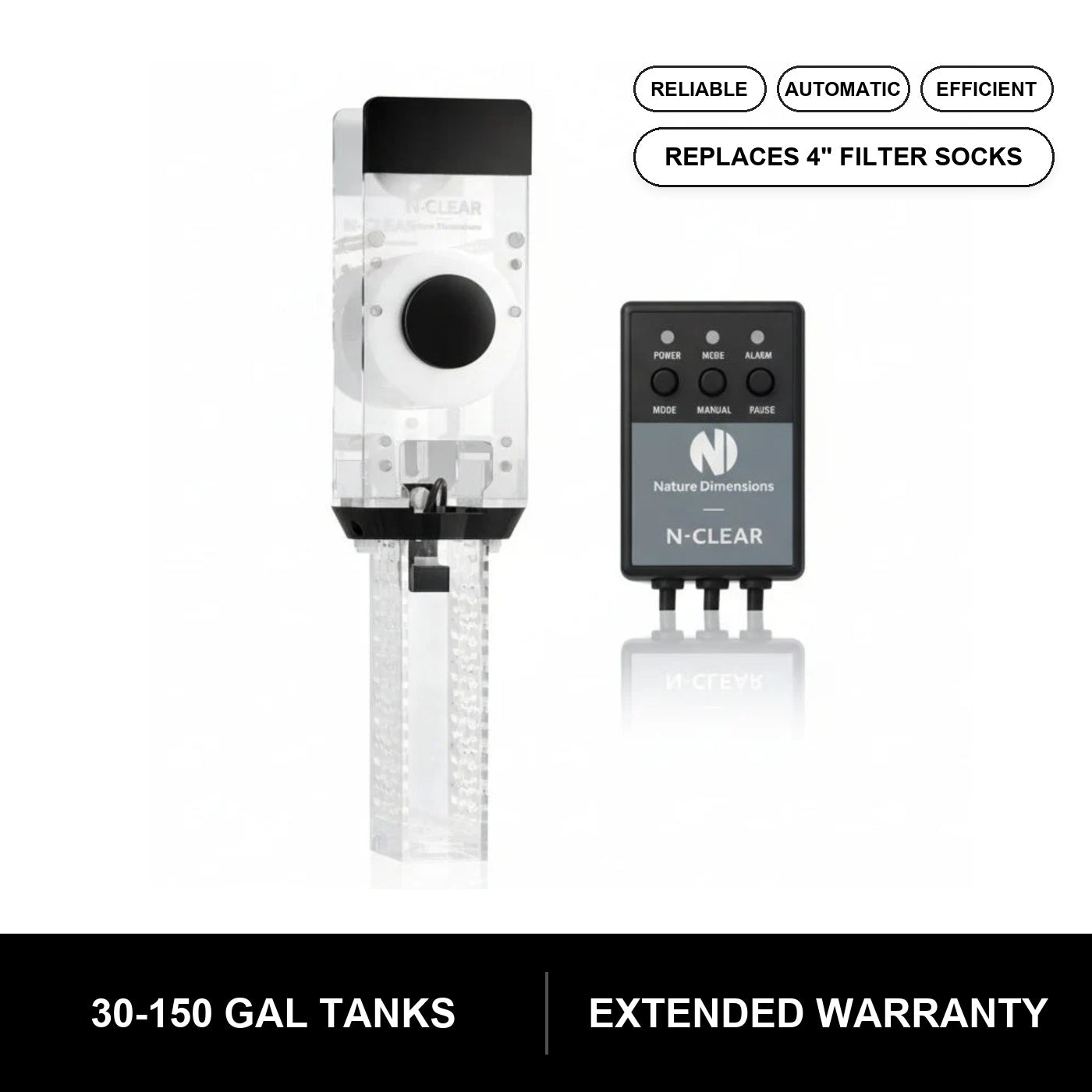 N-Clear M Fleece Roller Filter main image with reliable automatic efficient tags, replaces 4-inch filter socks, 30-150 gallon tank range, and extended warranty