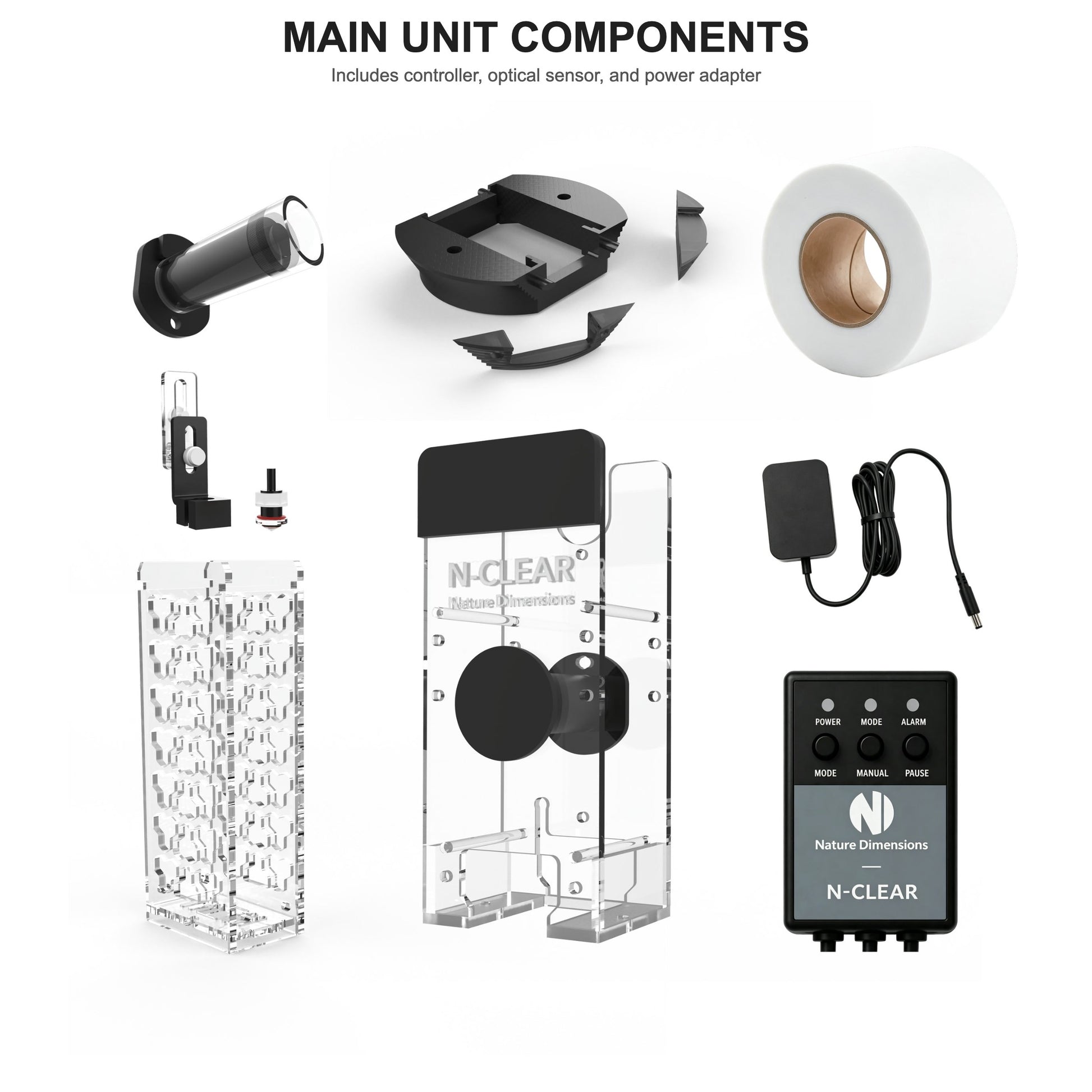 N-Clear M Main Unit components including controller, optical sensor, and power adapter