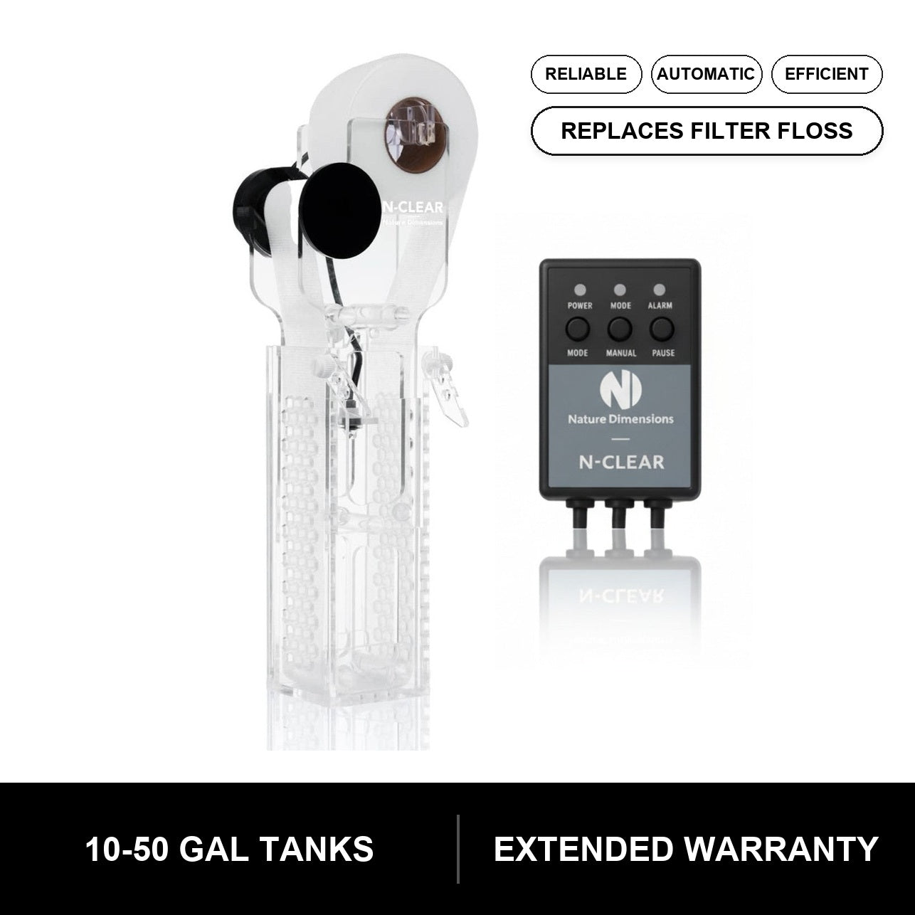 N-Clear Nano Fleece Roller Filter main image with reliable automatic efficient tags, replaces filter floss, 10-50 gallon tank range, and extended warranty